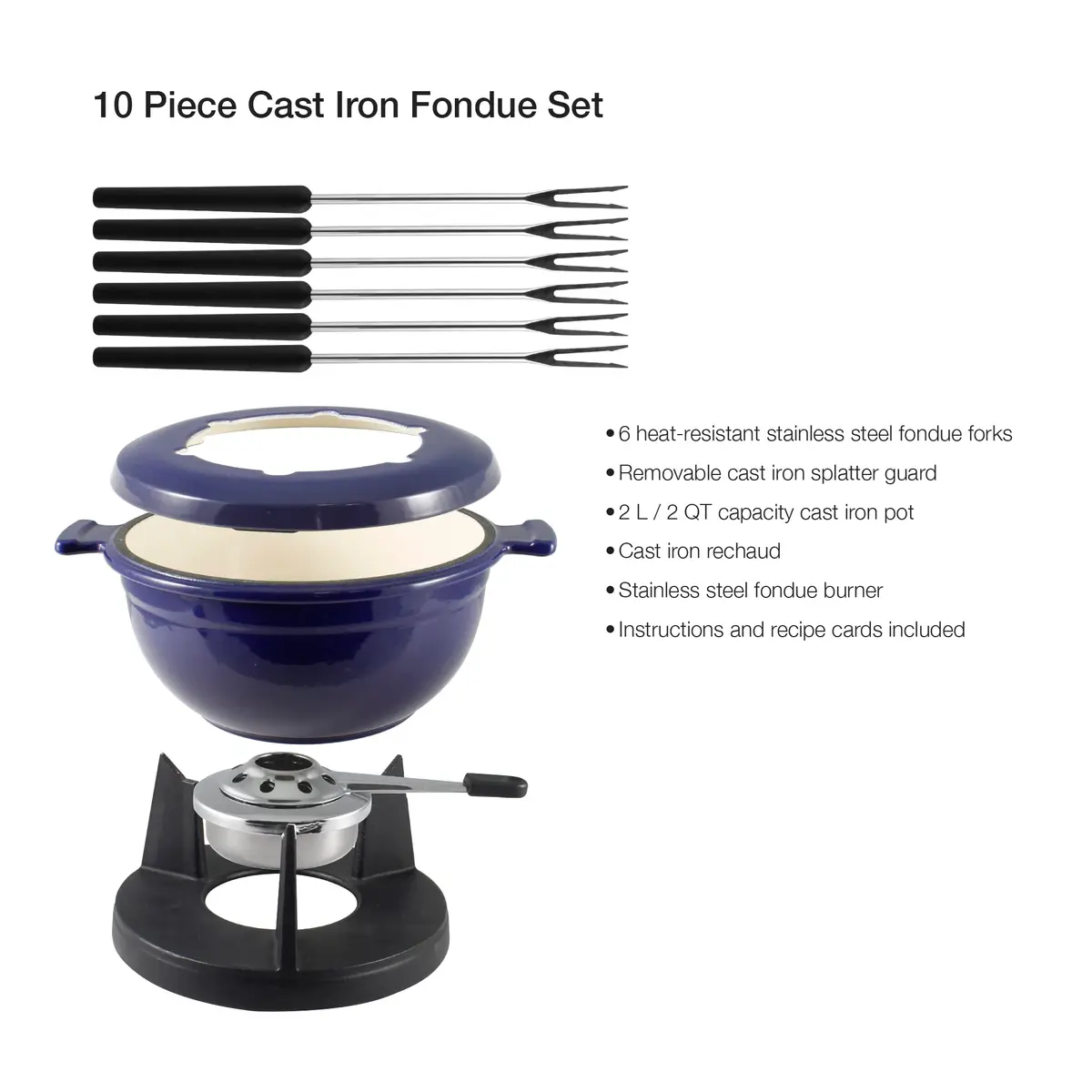 Swissmar F66541 Lucerne 10 Piece Cast Iron Fondue Set, Indigo Blue | Versatile Enameled Cast Iron for Cheese, Chocolate & Broth - view 2