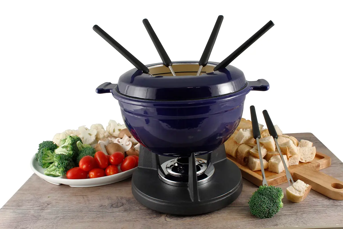 Swissmar F66541 Lucerne 10 Piece Cast Iron Fondue Set, Indigo Blue | Versatile Enameled Cast Iron for Cheese, Chocolate & Broth - view 3