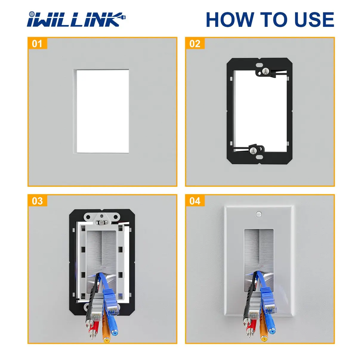 iwillink White 2 Pack Brush Wall Plate | Single Gang Cable Pass Through Insert for HDMI, Coax, Speaker Wires - view 6