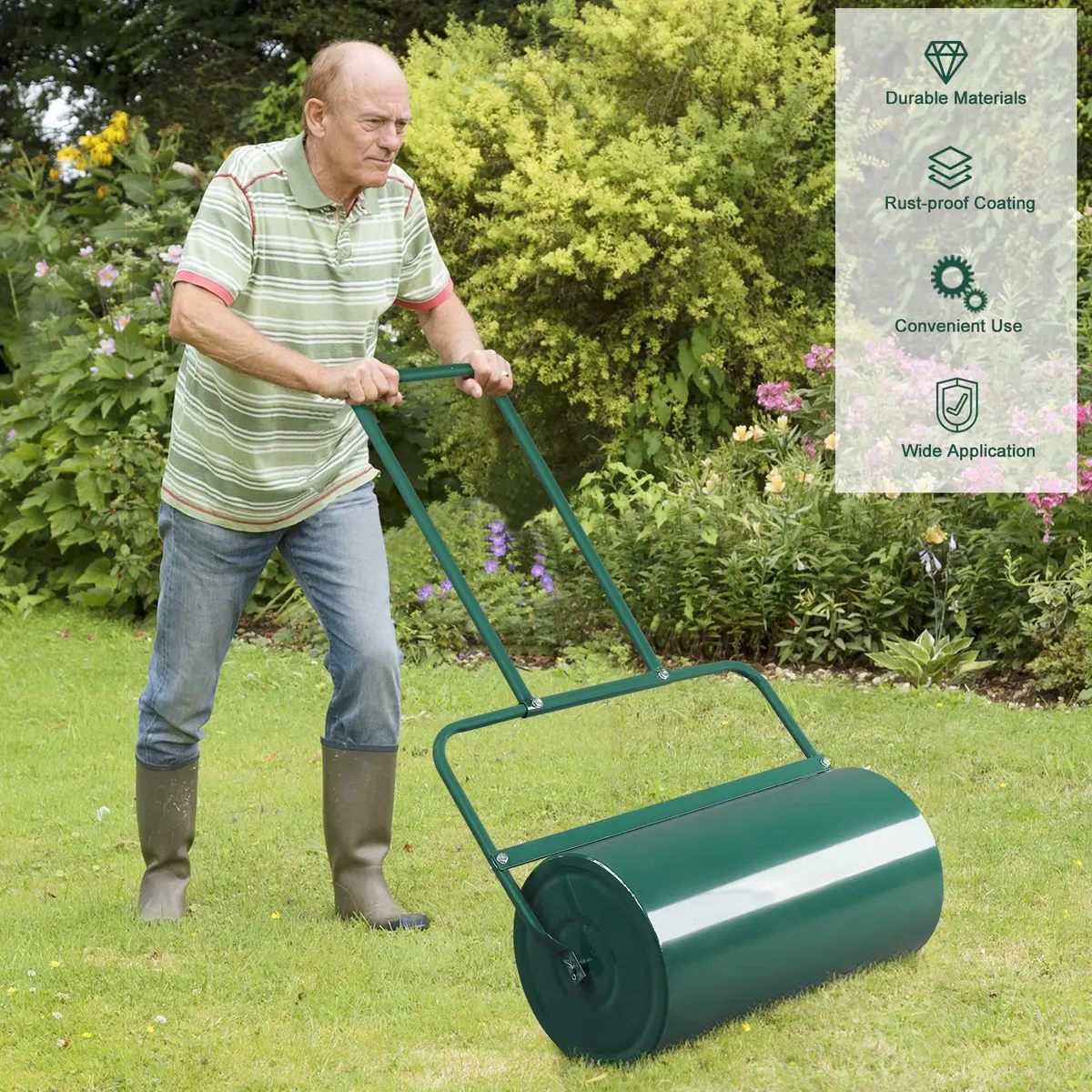 Outvita Lawn Roller, 13 Gallons, Water & Sand Filled, Green | Durable Steel, U Handle, Easy Storage - view 6