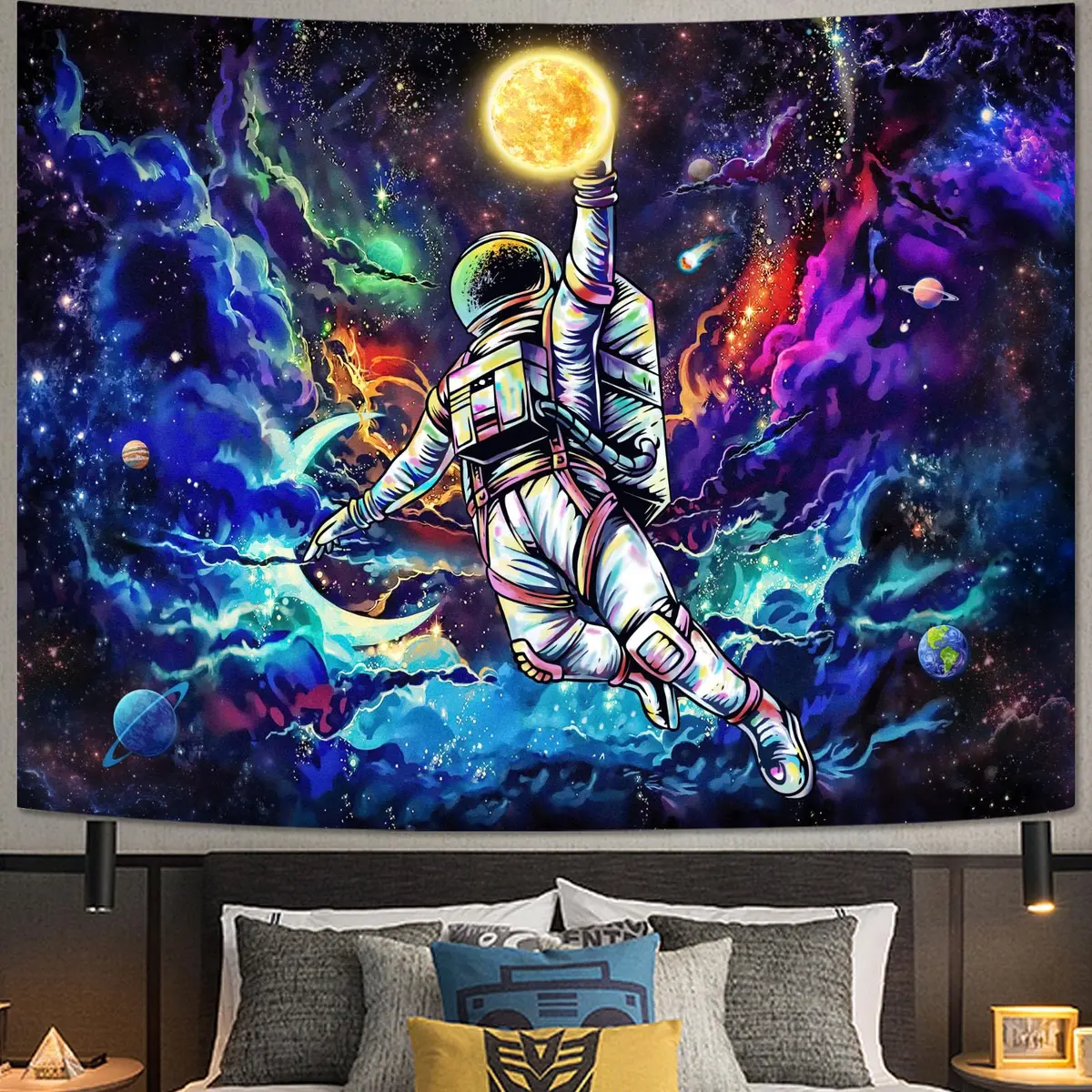 kampdream Blacklight Astronaut Space Tapestry 36×48 inch | UV Reactive Galaxy Universe Planet Glow in Dark Wall Art - main product image