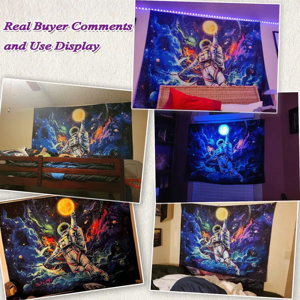 kampdream Blacklight Astronaut Space Tapestry 36×48 inch | UV Reactive Galaxy Universe Planet Glow in Dark Wall Art - view 5