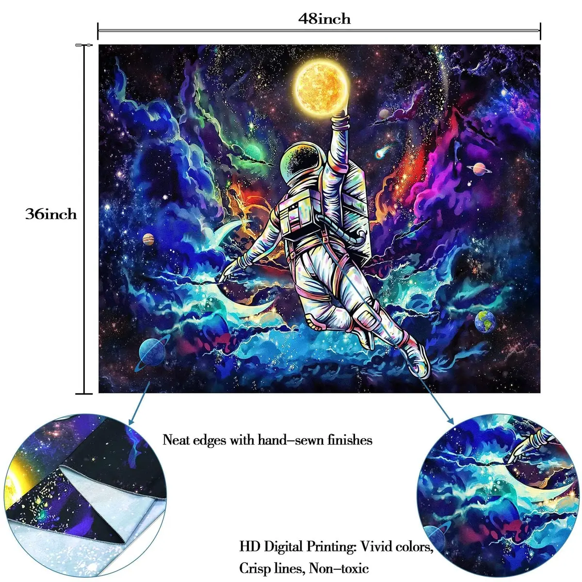 kampdream Blacklight Astronaut Space Tapestry 36×48 inch | UV Reactive Galaxy Universe Planet Glow in Dark Wall Art - view 8