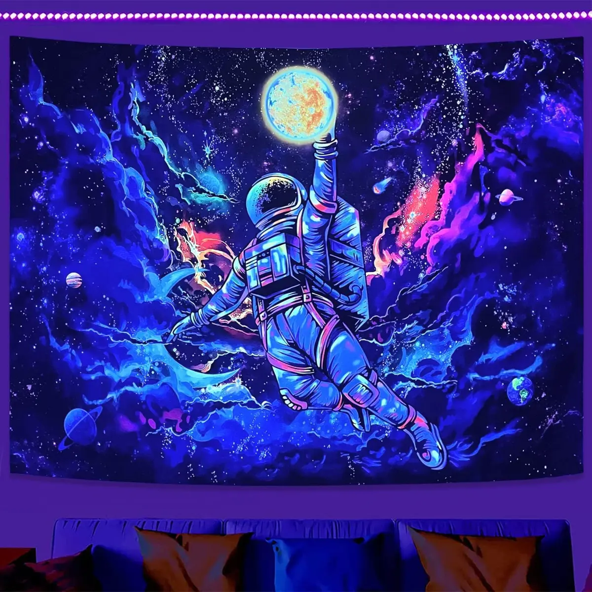 kampdream Blacklight Astronaut Space Tapestry 36×48 inch | UV Reactive Galaxy Universe Planet Glow in Dark Wall Art - view 2