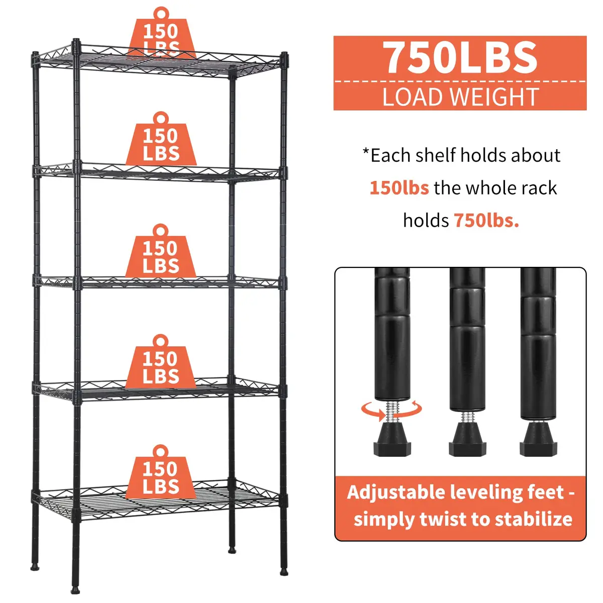 YYkokocat 5 Tier Storage Shelves | Adjustable Wire Shelf Rack 21.5 x 11.6 x 47.6 - view 7