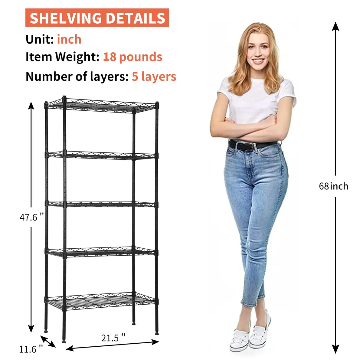 YYkokocat 5 Tier Storage Shelves | Adjustable Wire Shelf Rack 21.5 x 11.6 x 47.6 - view 3
