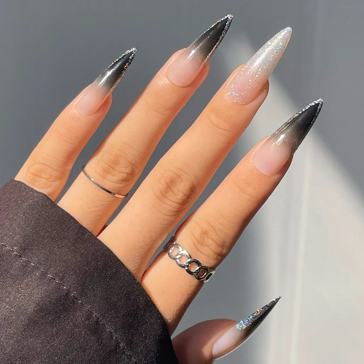 MISUD Press on Nails - Long Stiletto Goth Black with Glitter | Acrylic Bling Design for Women & Teens - main product image
