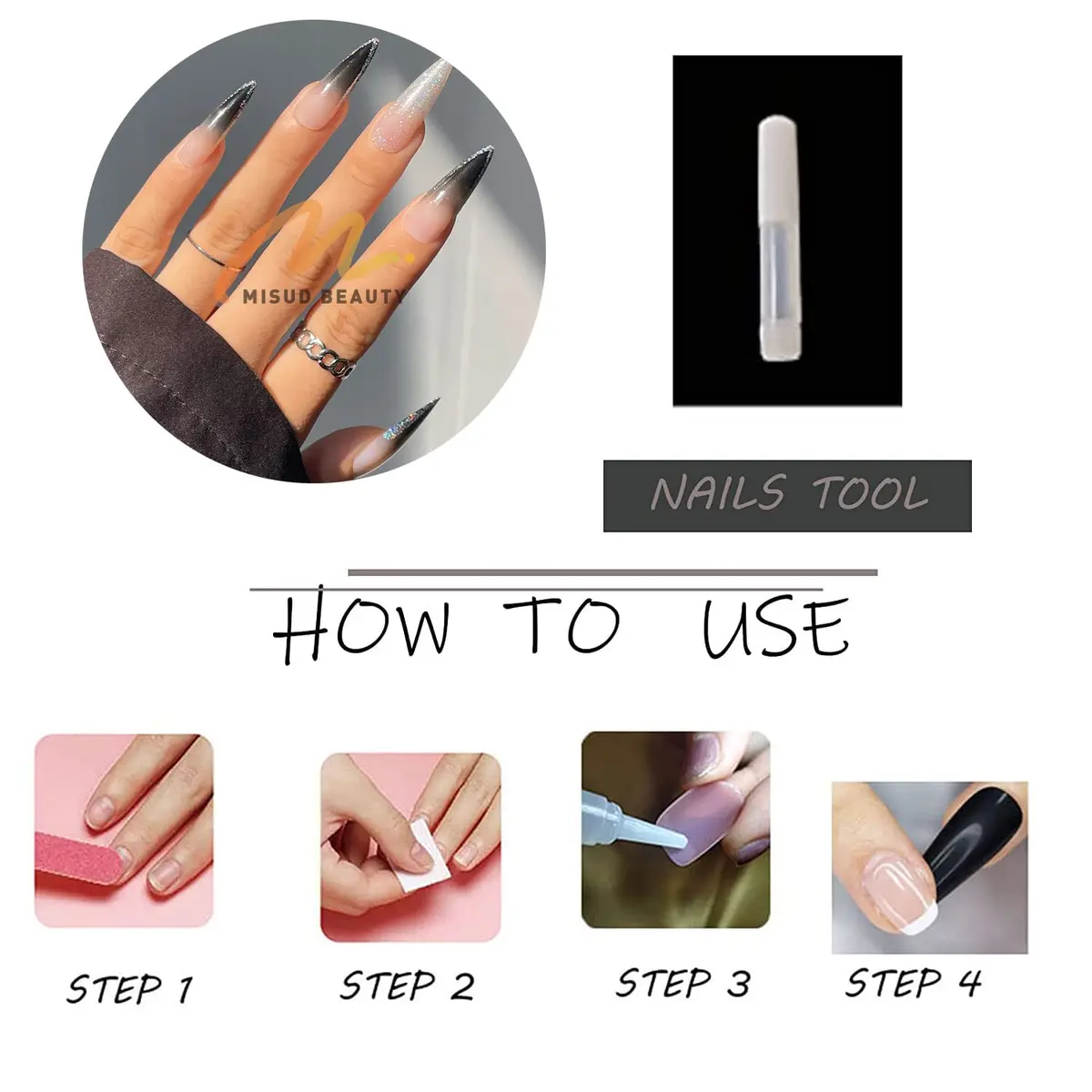 MISUD Press on Nails - Long Stiletto Goth Black with Glitter | Acrylic Bling Design for Women & Teens - view 5