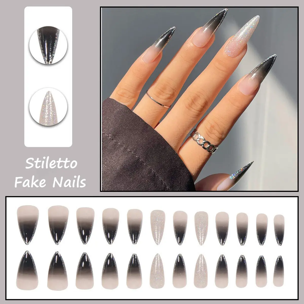 MISUD Press on Nails - Long Stiletto Goth Black with Glitter | Acrylic Bling Design for Women & Teens - view 4