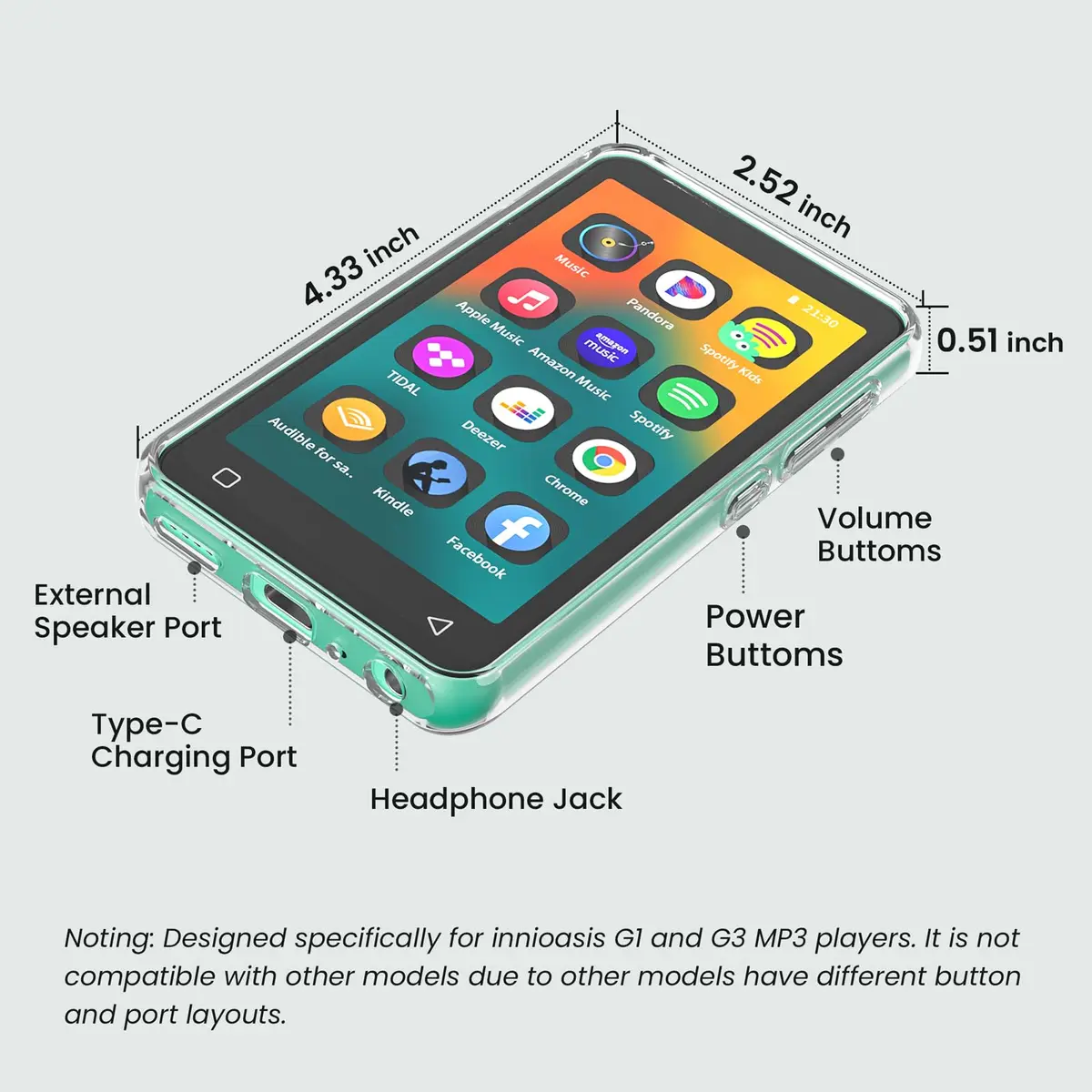 innioasis Crystal Clear Case for G1, G3 MP3 Player | 11.2cm (4.33in) Protective Bumper - view 6
