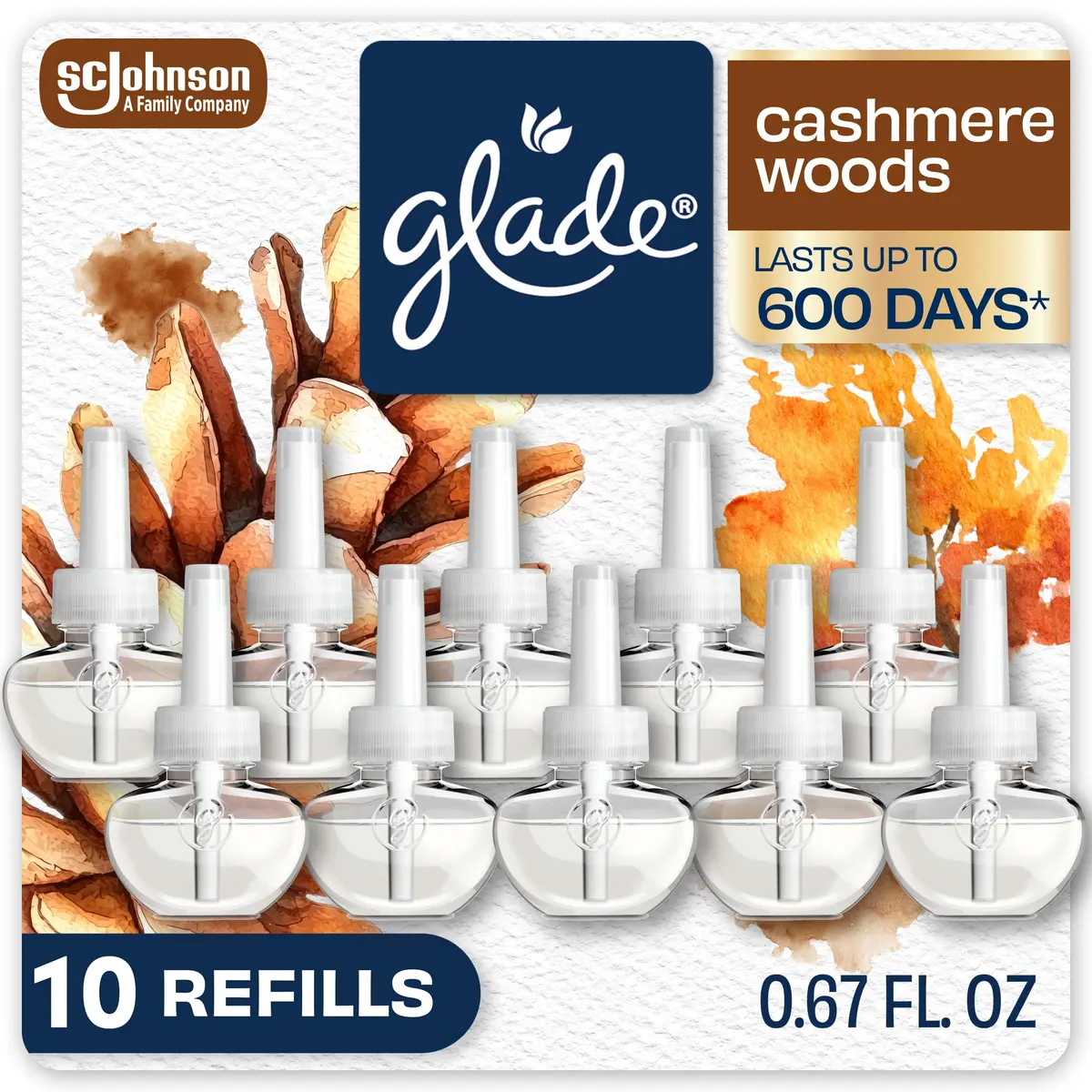 Glade PlugIns Refills Air Freshener, Cashmere Woods Scent, 10 Count | Essential Oils for Home & Bathroom - main product image