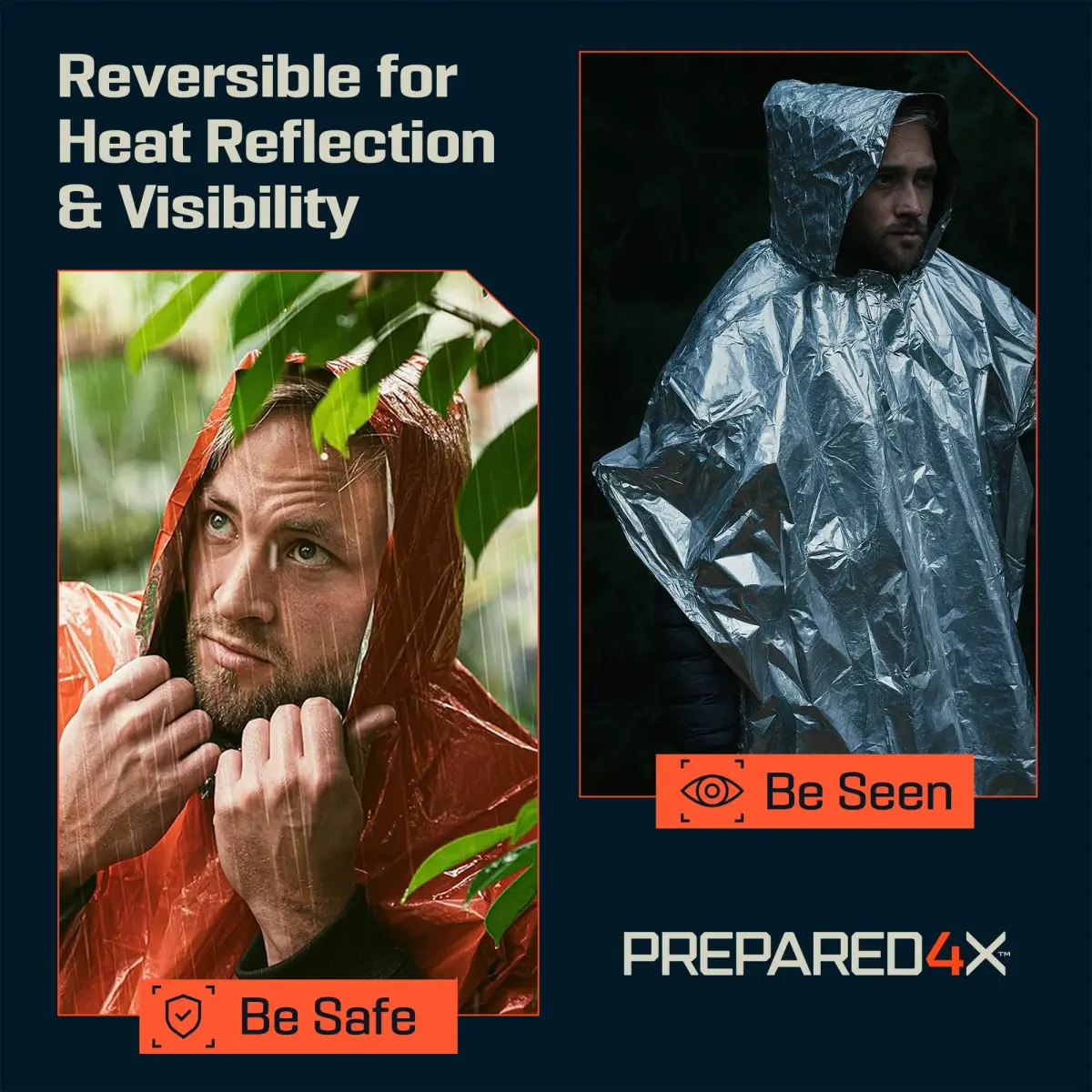 PREPARED4X Emergency Mylar Poncho 10-Pack (Orange) | Survival Rain Poncho with Hood for Hiking & Camping - view 4
