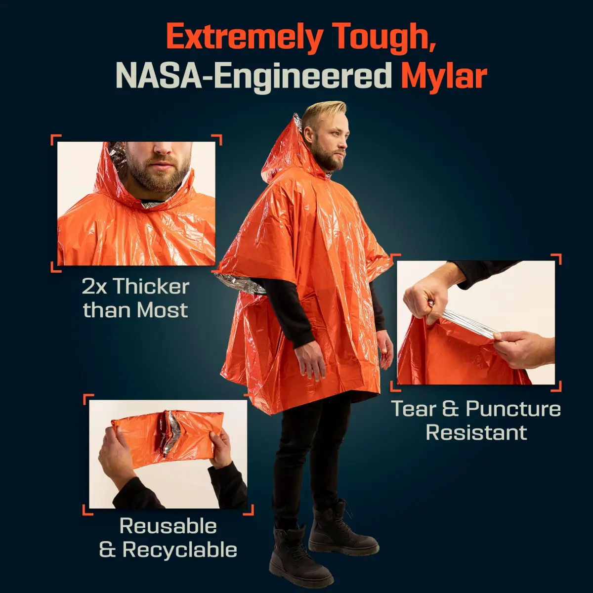 PREPARED4X Emergency Mylar Poncho 10-Pack (Orange) | Survival Rain Poncho with Hood for Hiking & Camping - view 5