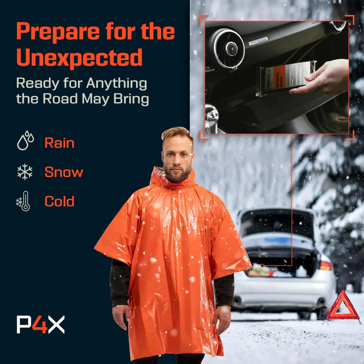 PREPARED4X Emergency Mylar Poncho 10-Pack (Orange) | Survival Rain Poncho with Hood for Hiking & Camping - view 6