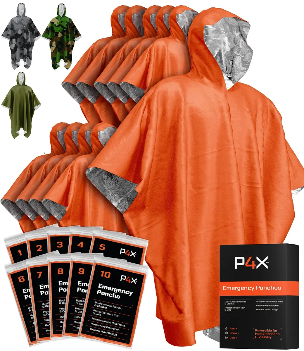 PREPARED4X Emergency Mylar Poncho 10-Pack (Orange) | Survival Rain Poncho with Hood for Hiking & Camping - main product image