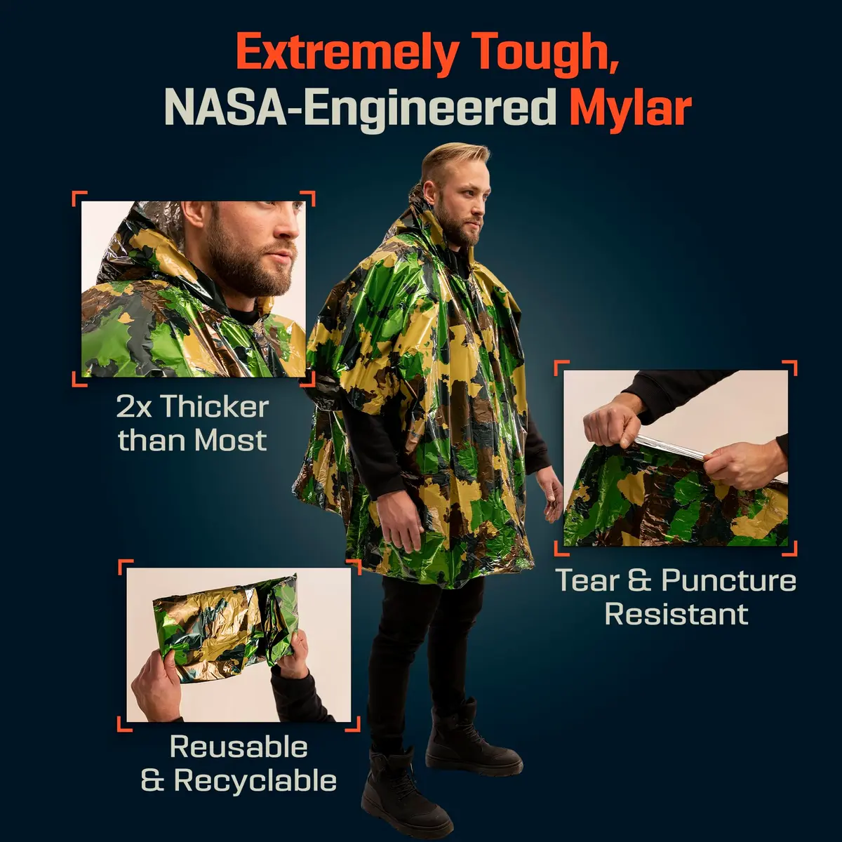 PREPARED4X Emergency Poncho with Mylar Blanket Liner 4-Pack (Green Camo) | Waterproof & Wind-Resistant for Camping & Survival - view 5