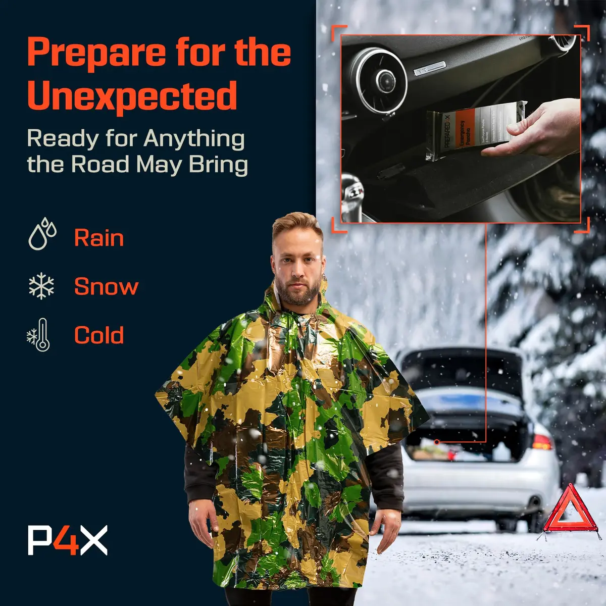 PREPARED4X Emergency Poncho with Mylar Blanket Liner 4-Pack (Green Camo) | Waterproof & Wind-Resistant for Camping & Survival - view 6
