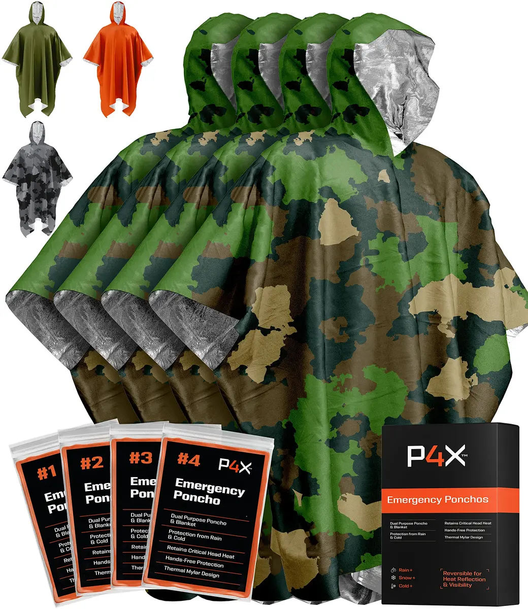 PREPARED4X Emergency Poncho with Mylar Blanket Liner 4-Pack (Green Camo) | Waterproof & Wind-Resistant for Camping & Survival - main product image