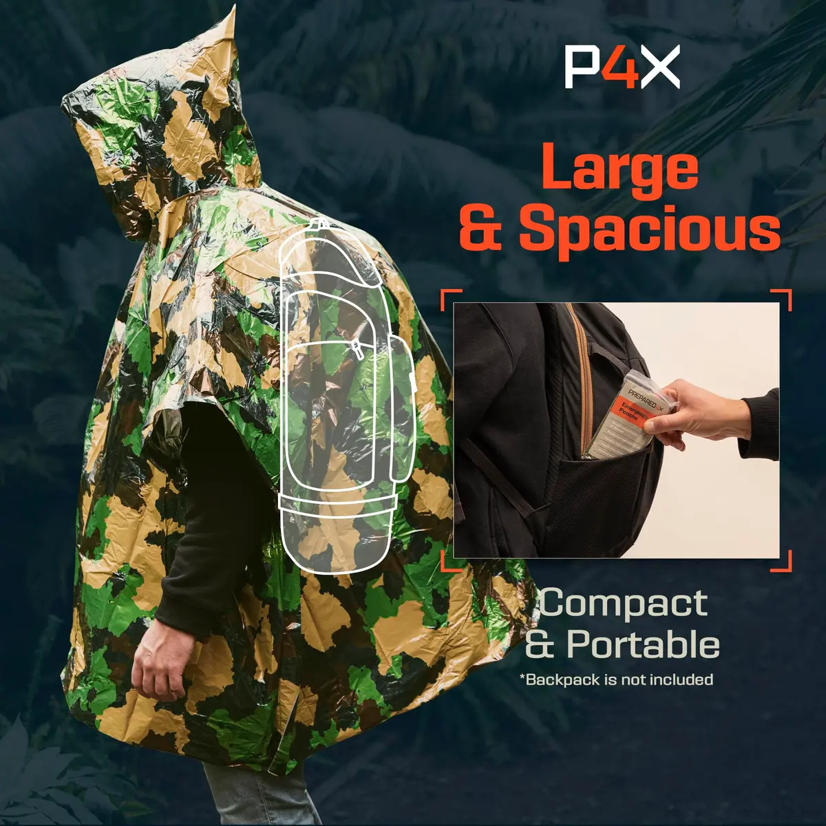 PREPARED4X Emergency Poncho with Mylar Blanket Liner 4-Pack (Green Camo) | Waterproof & Wind-Resistant for Camping & Survival - view 7