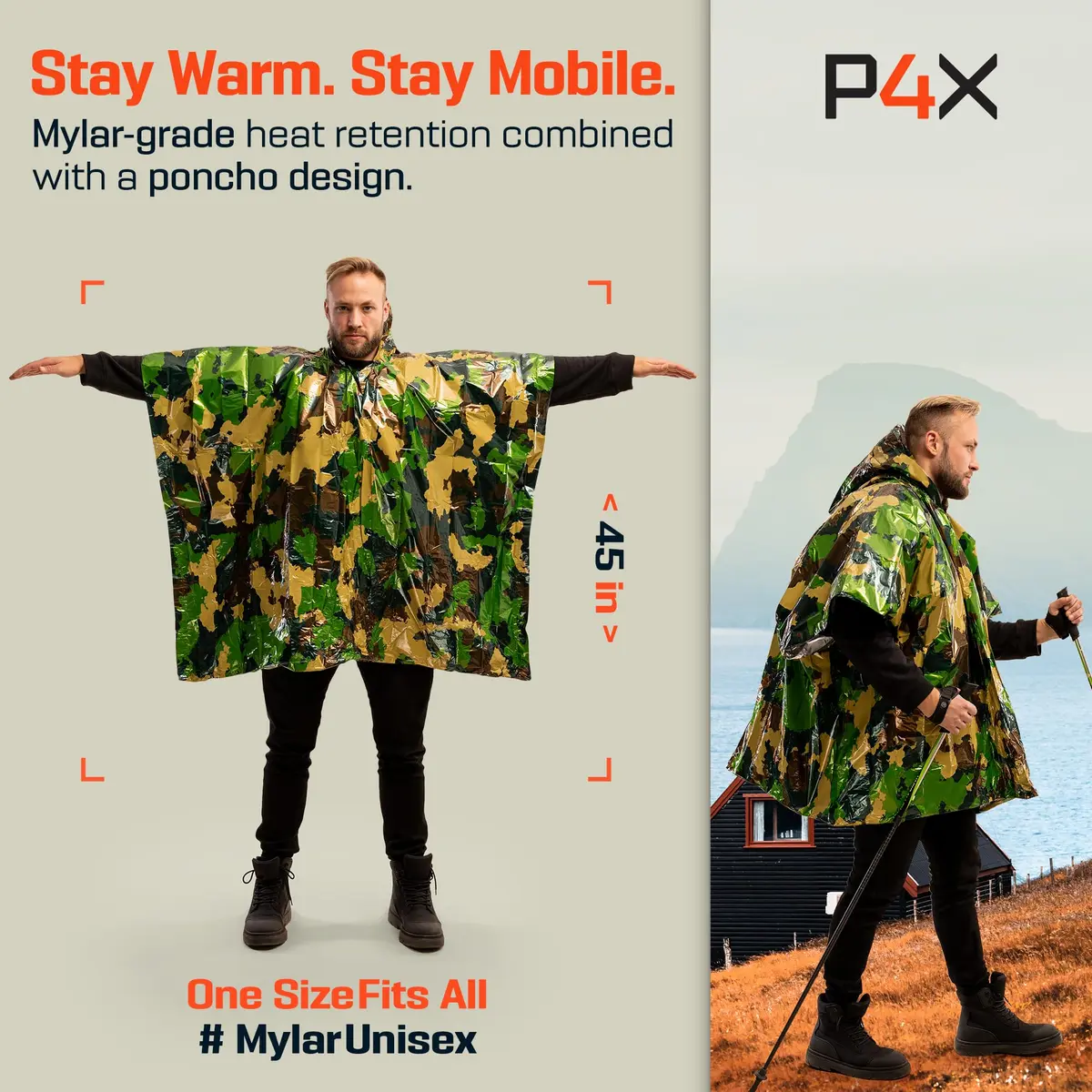 PREPARED4X Emergency Poncho with Mylar Blanket Liner 4-Pack (Green Camo) | Waterproof & Wind-Resistant for Camping & Survival - view 2