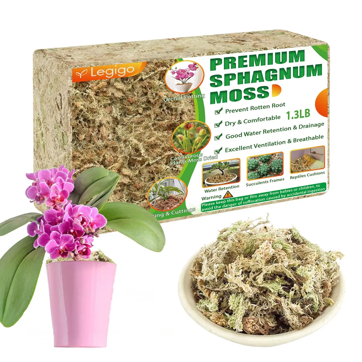 Legigo 1.3LB Sphagnum Moss for Plants | Moisture Retention & Root Growth Support - main product image