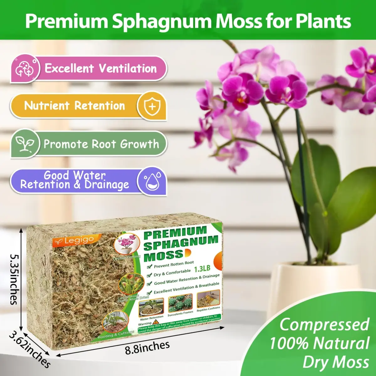 Legigo Premium Sphagnum Moss - 25 Quart (1.3 lb) Natural Long Fiber Orchid & Succulent Soil - view 2