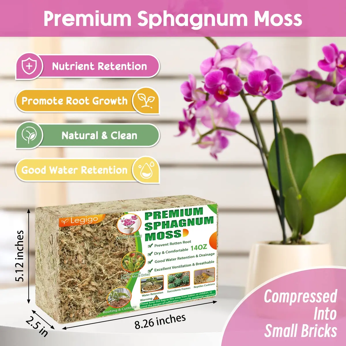 Legigo 14oz Sphagnum Moss for Plants | Natural Long Fibers Orchid Moss, 16QT - view 2