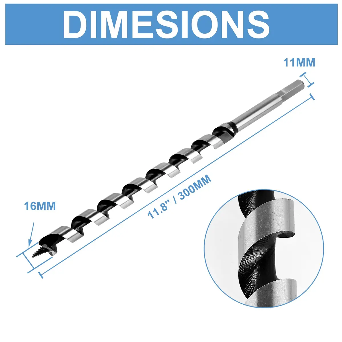 Masendelk 16mm x 300mm (5/8" x 12") Wood Auger Drill Bit with 11mm Hex Shank | Carbon Steel for Hardwood & Softwood - view 5