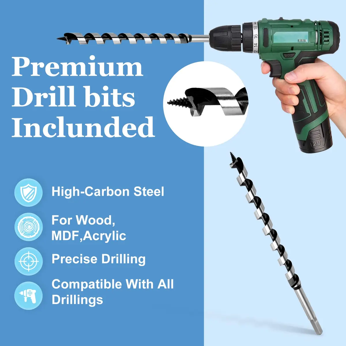 Masendelk 16mm x 300mm (5/8" x 12") Wood Auger Drill Bit with 11mm Hex Shank | Carbon Steel for Hardwood & Softwood - view 3