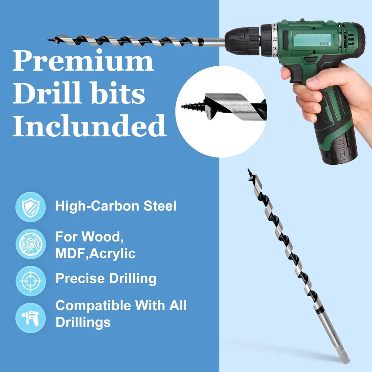 Masendelk 14mm x 300mm (9/16" x 12") Wood Auger Drill Bit with 11mm Hex Shank | For Hardwood, Softwood, MDF & Tree Stumps - view 3