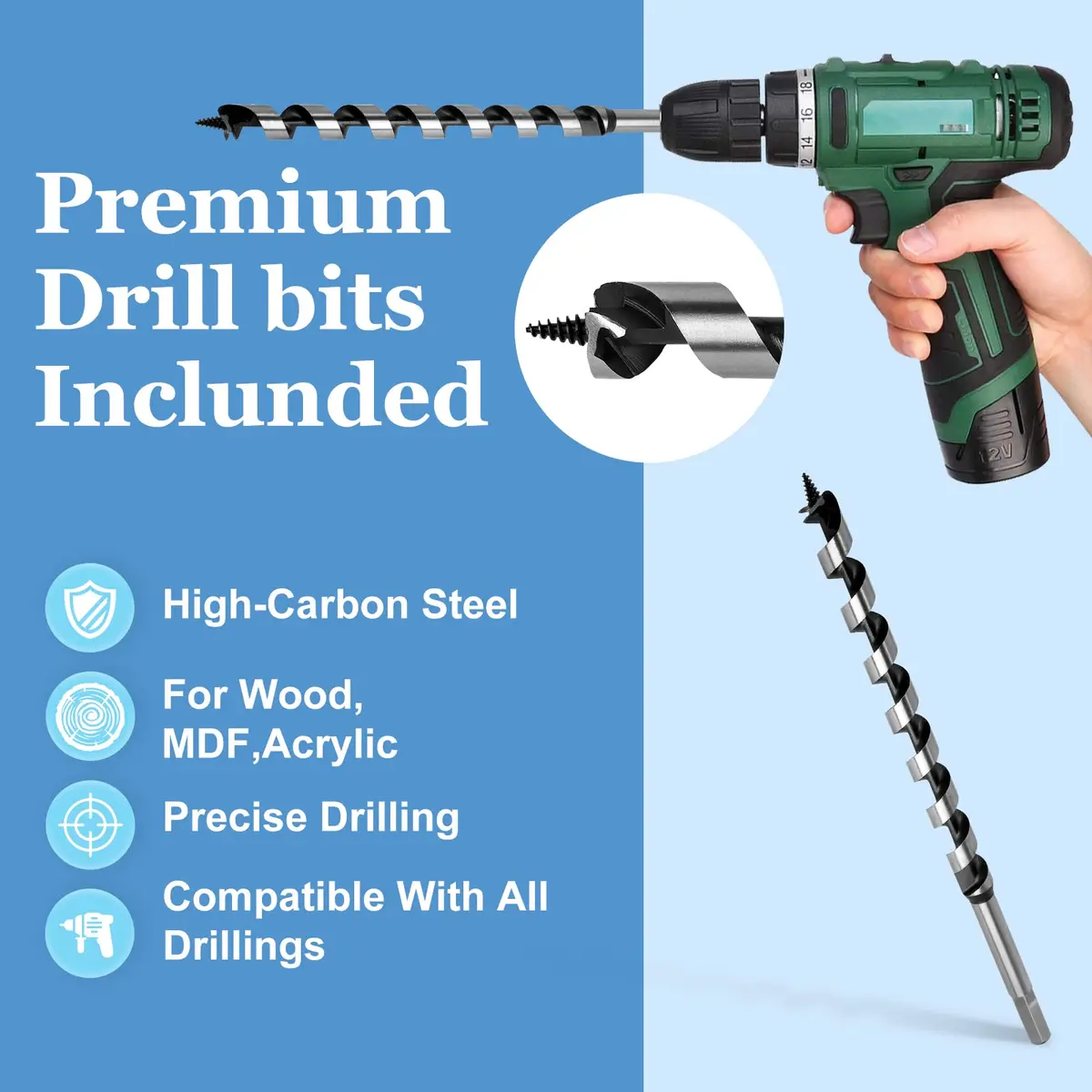 Masendelk 22mm (0.875 Inch) Wood Auger Drill Bit with 11mm Hex Shank | 300mm Long Carbon Steel for Hardwood & Softwood - view 3