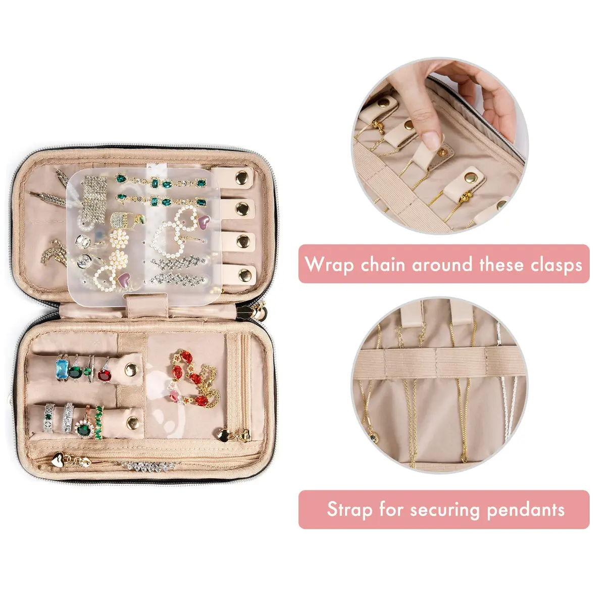 SFYBYHEART Travel Jewelry Organizer Case, Small Pink | Tangle-Free Earrings & Necklace Storage - view 4