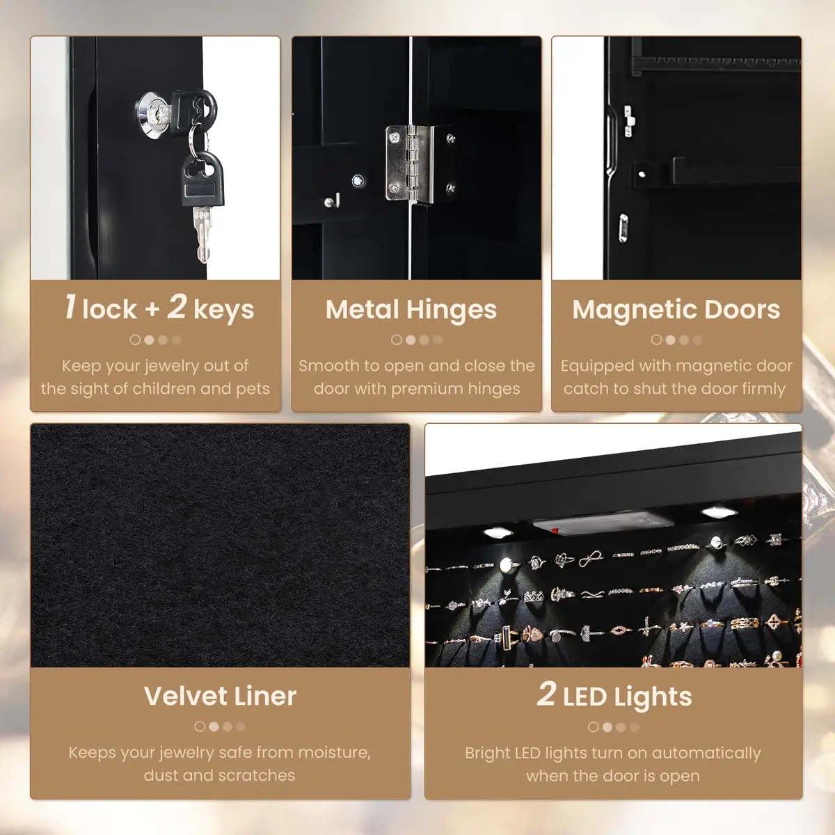 NAFORT Jewelry Armoire with Full Length Mirror | Lockable Wall & Door Mount, LED Lights, 2 Drawers, 47.5"H, Black - view 4