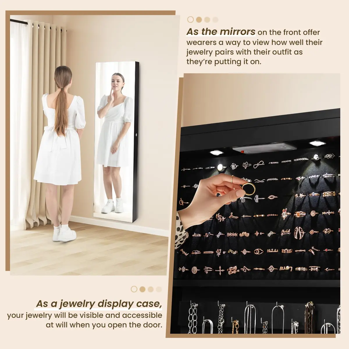 NAFORT Jewelry Armoire with Full Length Mirror | Lockable Wall & Door Mount, LED Lights, 2 Drawers, 47.5"H, Black - view 5