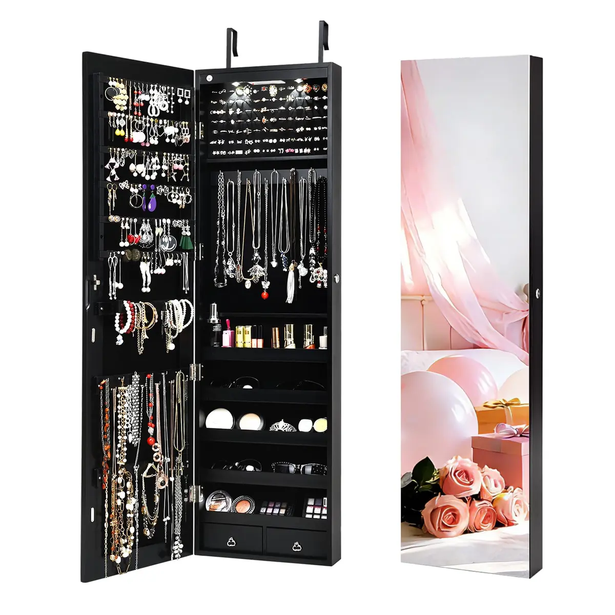 NAFORT Jewelry Armoire with Full Length Mirror | Lockable Wall & Door Mount, LED Lights, 2 Drawers, 47.5"H, Black - main product image