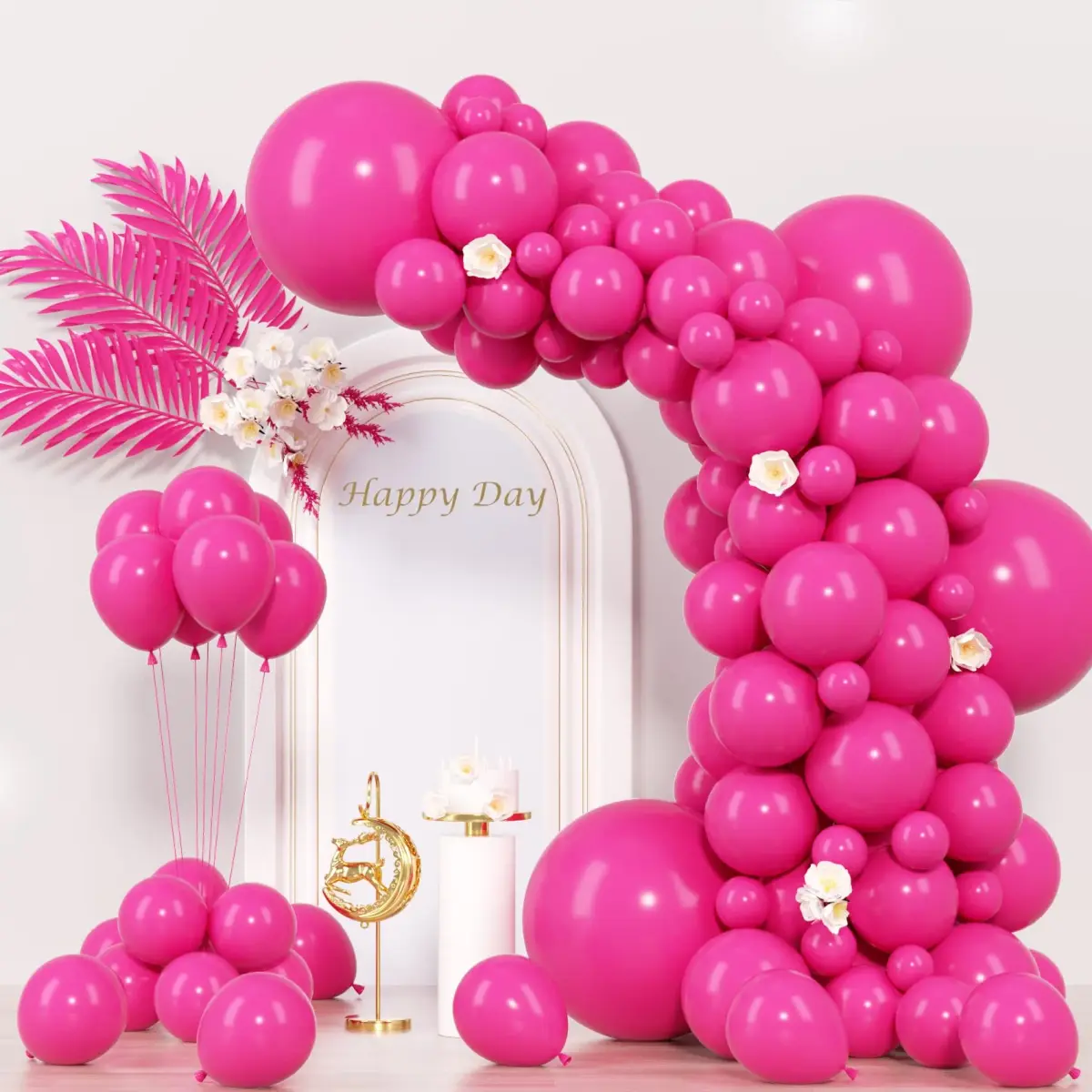 Voircoloria Hot Pink Balloons Garland Arch Kit 130pcs | Assorted Sizes 5-18 Inch - main product image