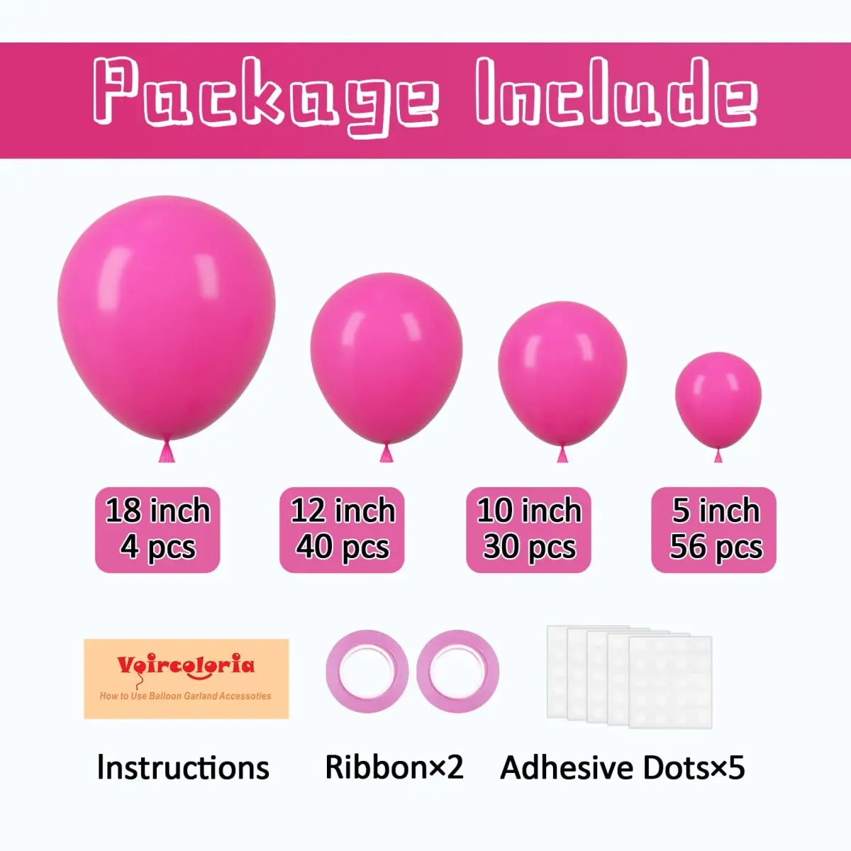 Voircoloria Hot Pink Balloons Garland Arch Kit 130pcs | Assorted Sizes 5-18 Inch - view 2