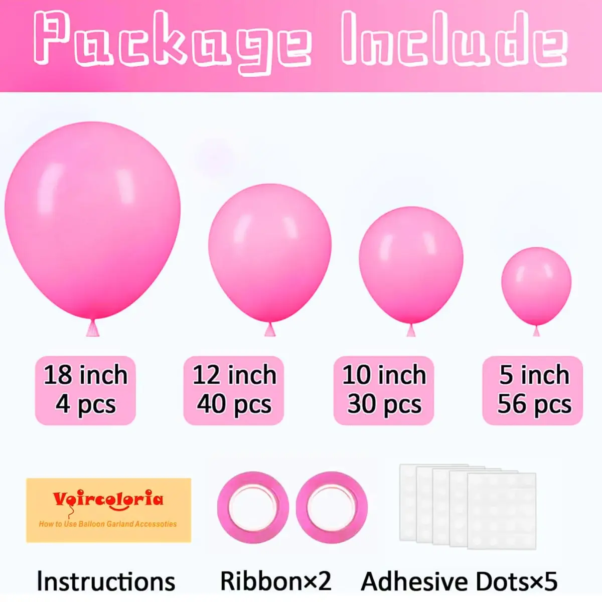 Voircoloria 130pcs Pink Balloons Garland Arch Kit Assorted Sizes (5, 10, 12, 18 Inch) | Birthday Party Decorations - view 2