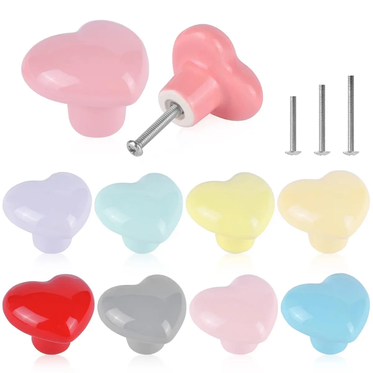 OctinPris Heart Dresser Knobs 4.5cm (1.77in) | Colorful Ceramic Drawer Pulls for Kids' Furniture (10-Pack) - main product image