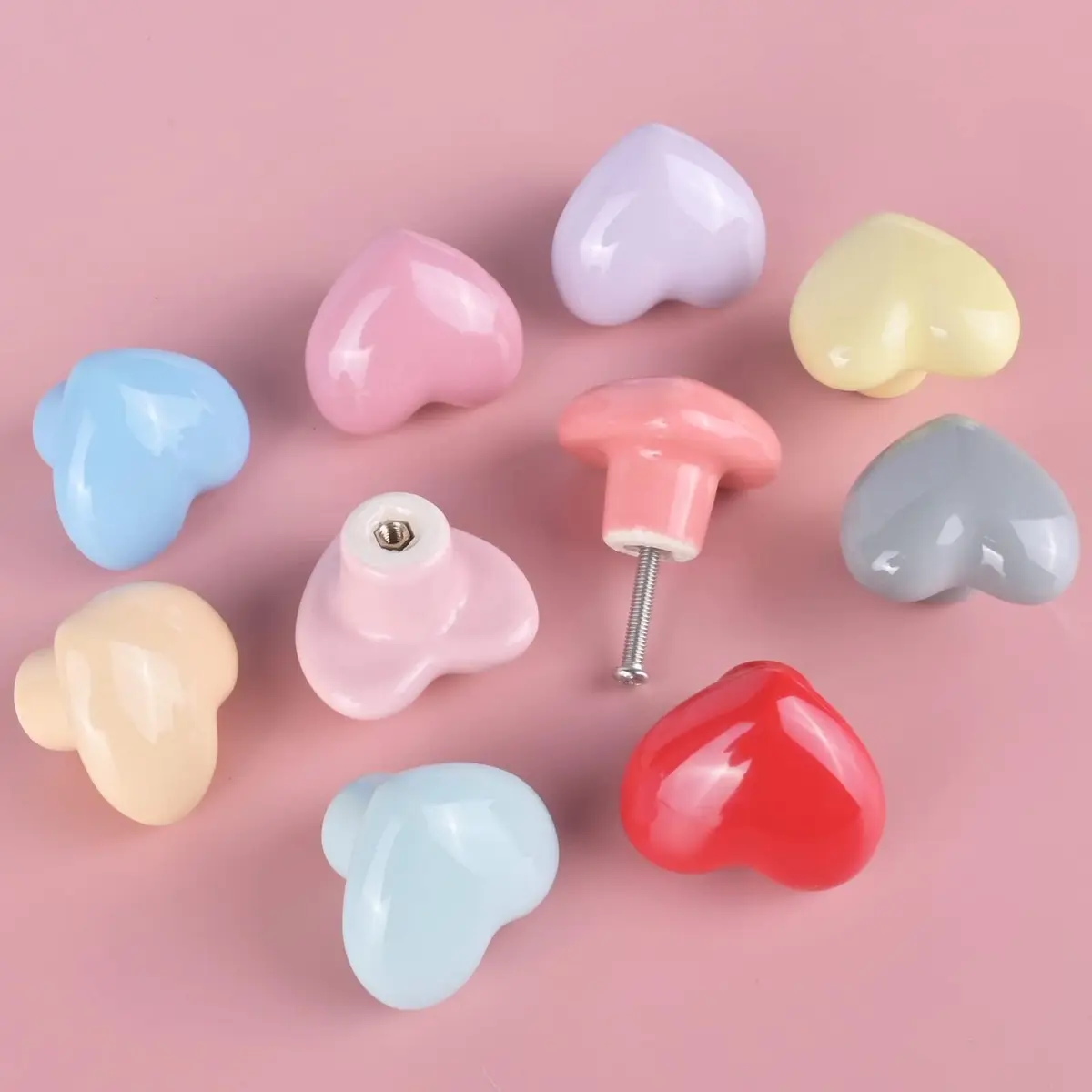 OctinPris Heart Dresser Knobs 4.5cm (1.77in) | Colorful Ceramic Drawer Pulls for Kids' Furniture (10-Pack) - view 7
