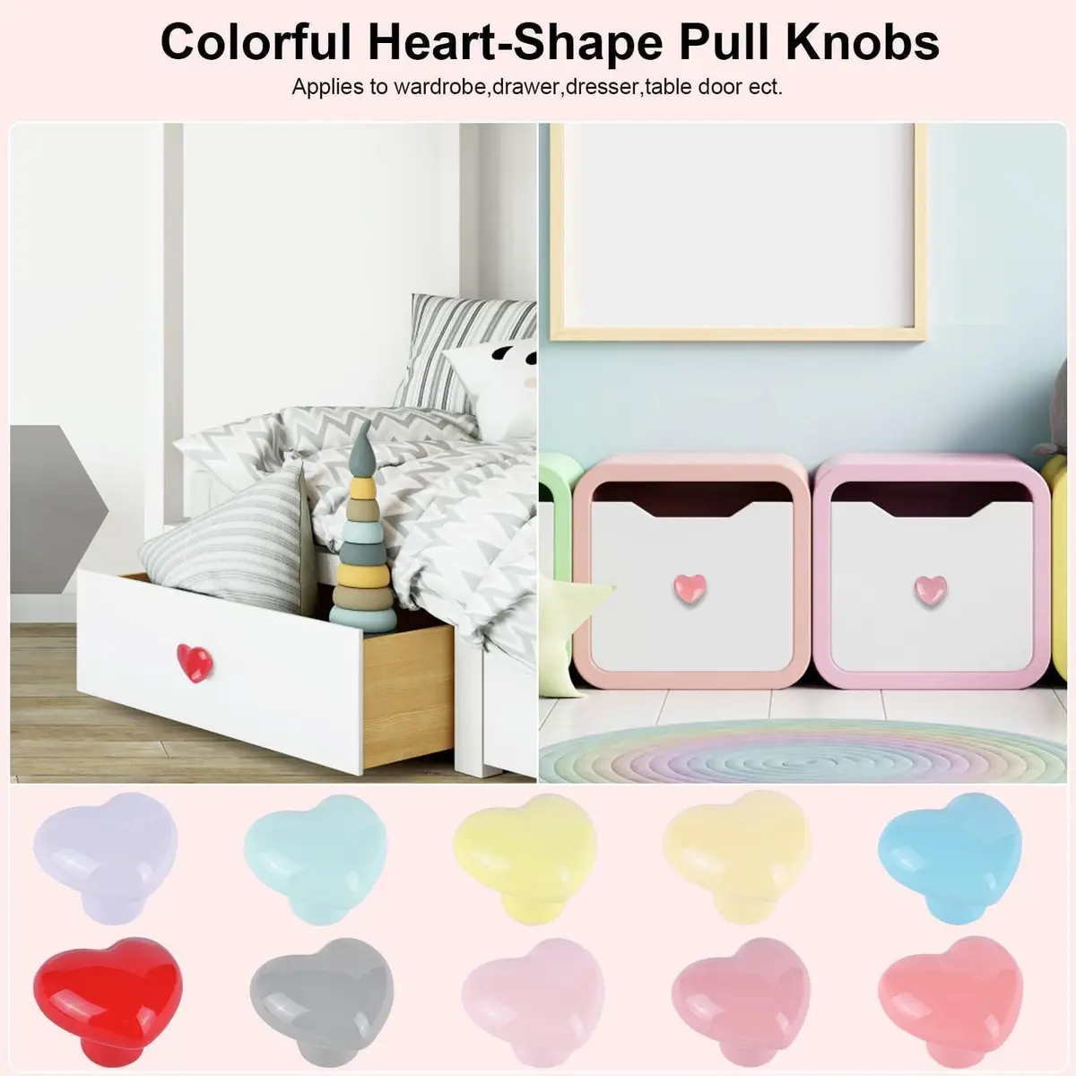 OctinPris Heart Dresser Knobs 4.5cm (1.77in) | Colorful Ceramic Drawer Pulls for Kids' Furniture (10-Pack) - view 4