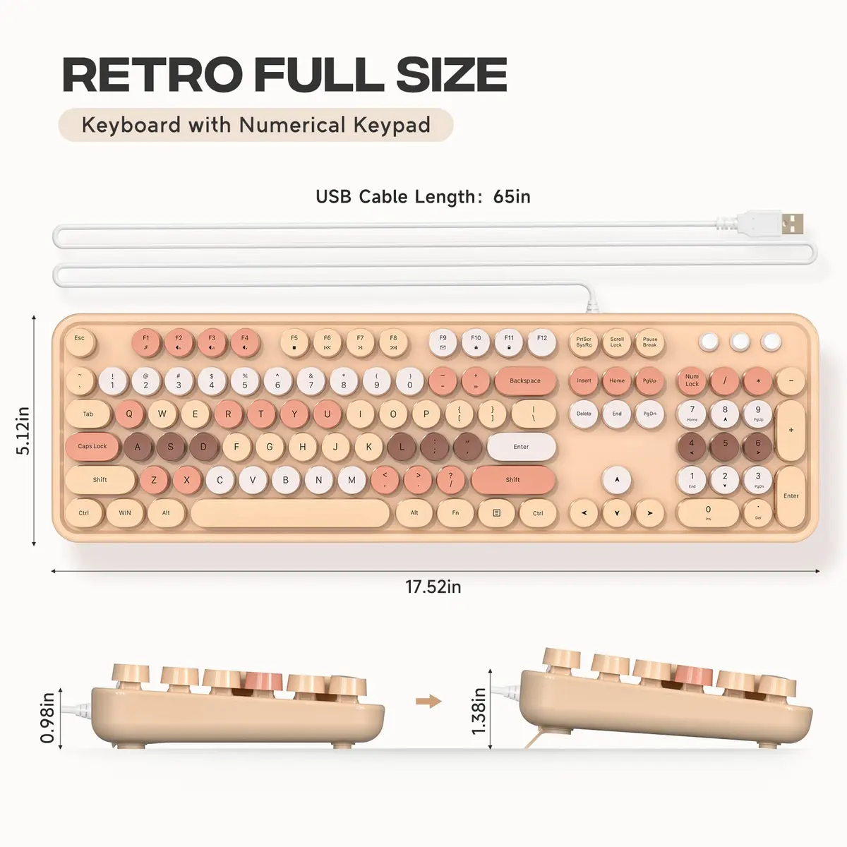Atelus Retro Typewriter Wired Keyboard, Full-Size 104-Key with Number Pad, Milk Tea Colorful | Plug and Play USB Keyboard for Windows PC Laptop - view 7