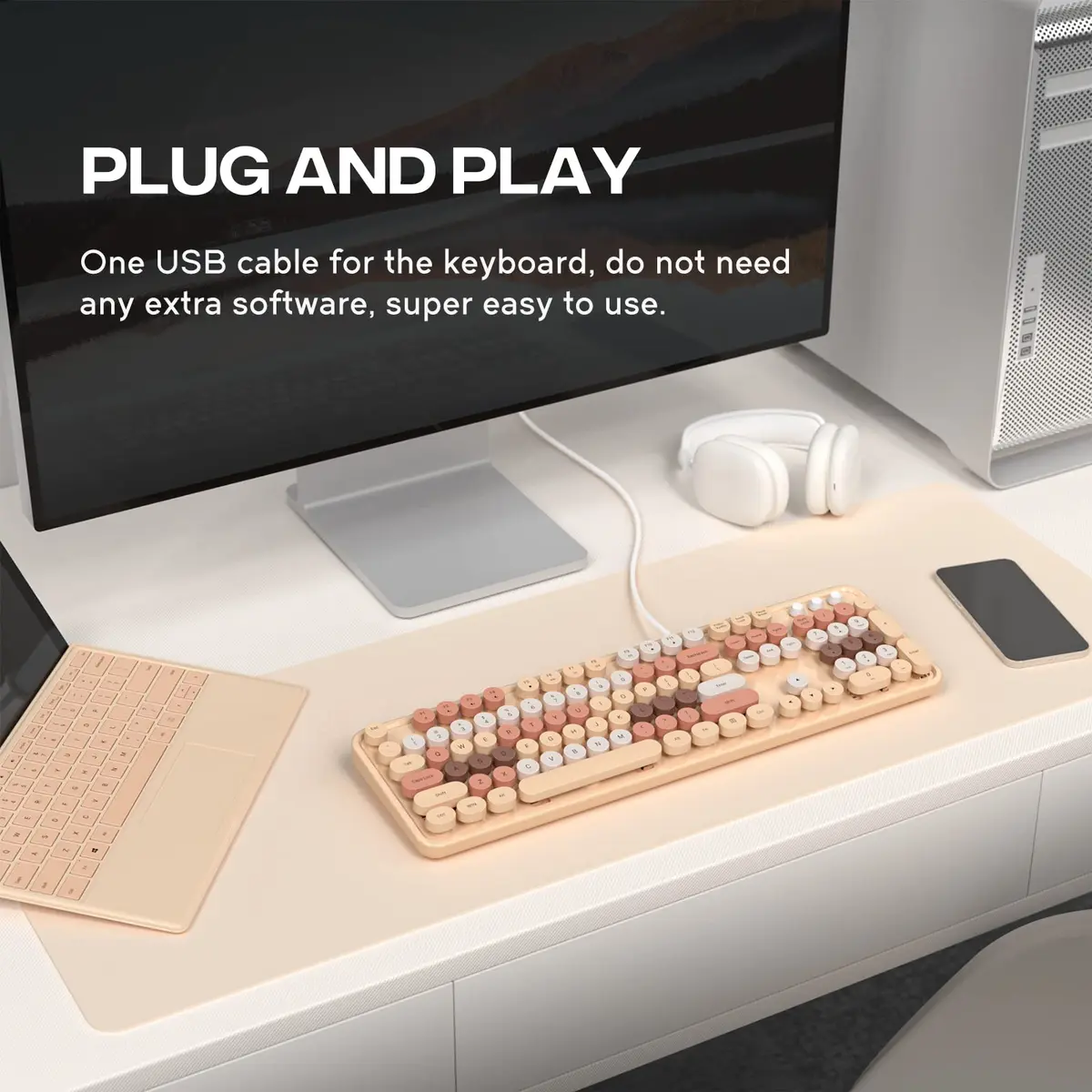 Atelus Retro Typewriter Wired Keyboard, Full-Size 104-Key with Number Pad, Milk Tea Colorful | Plug and Play USB Keyboard for Windows PC Laptop - view 2