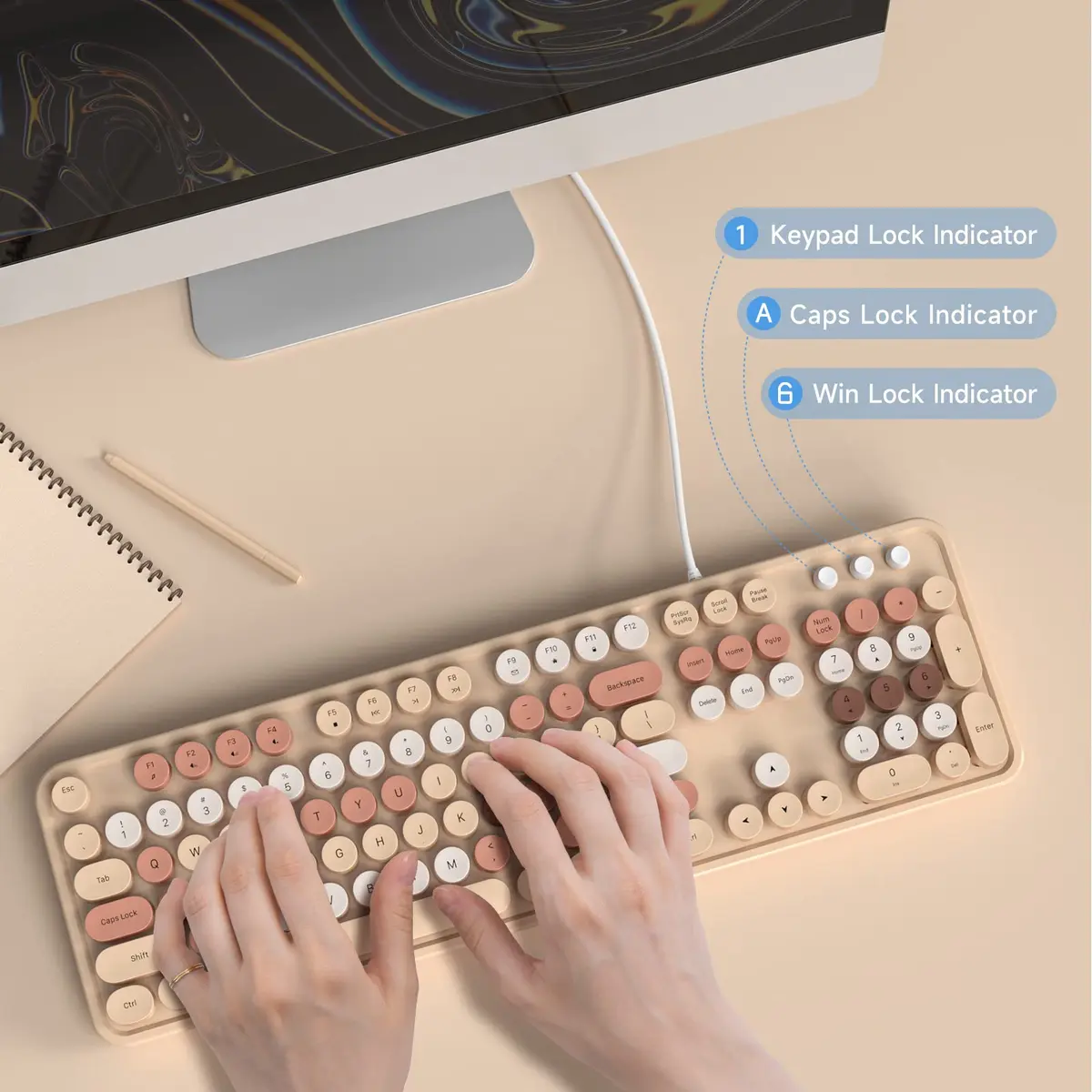 Atelus Retro Typewriter Wired Keyboard, Full-Size 104-Key with Number Pad, Milk Tea Colorful | Plug and Play USB Keyboard for Windows PC Laptop - view 3