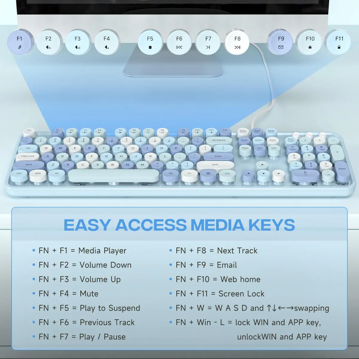 Atelus Retro Typewriter Keyboard Blue Colorful Full Size 104-Key USB Wired Tactile Mechanical Switch | Office & Home Use - view 6
