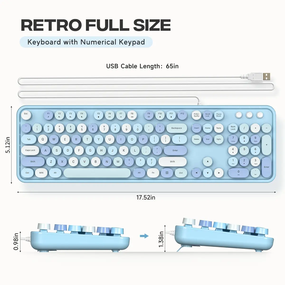 Atelus Retro Typewriter Keyboard Blue Colorful Full Size 104-Key USB Wired Tactile Mechanical Switch | Office & Home Use - view 7