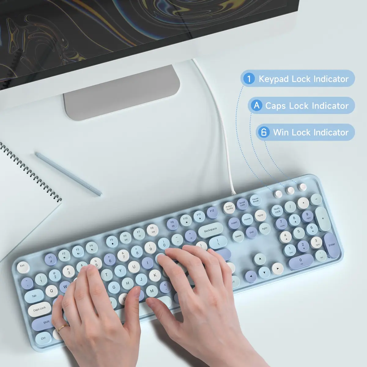 Atelus Retro Typewriter Keyboard Blue Colorful Full Size 104-Key USB Wired Tactile Mechanical Switch | Office & Home Use - view 4