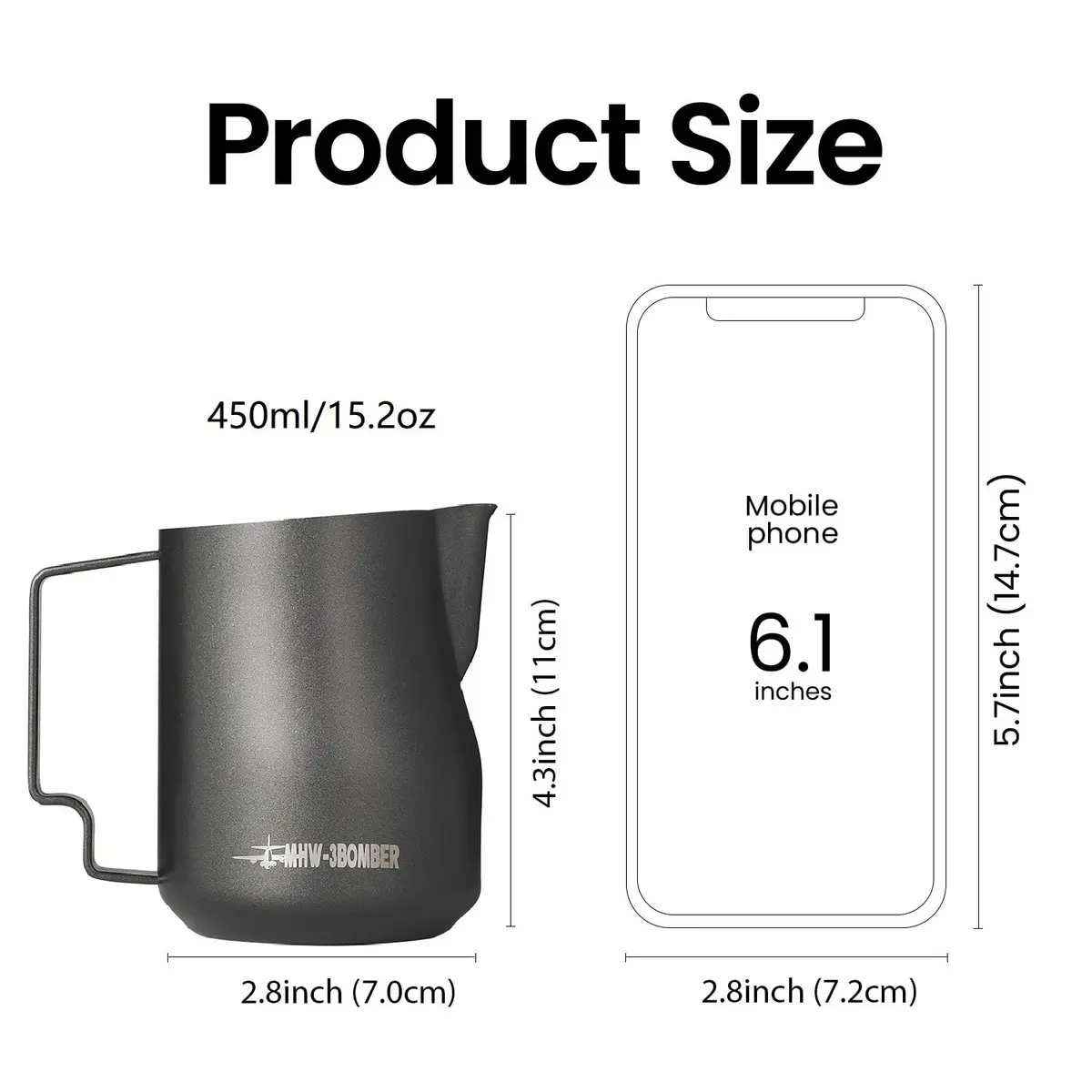 MHW-3BOMBER Turbo Milk Frothing Pitcher 450ml (15.2oz) Matte Black | Barista Latte Art Stainless Steel Jug - view 3