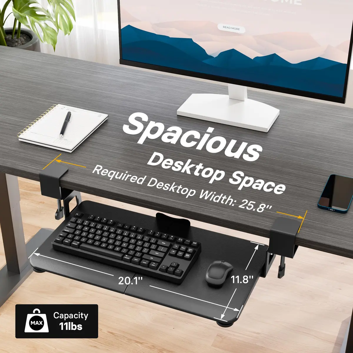 BONTEC Under Desk Keyboard Tray, Pull-Out Keyboard & Mouse Platform 51 cm (20 in) | Ergonomic C-Clamp Mount - view 5