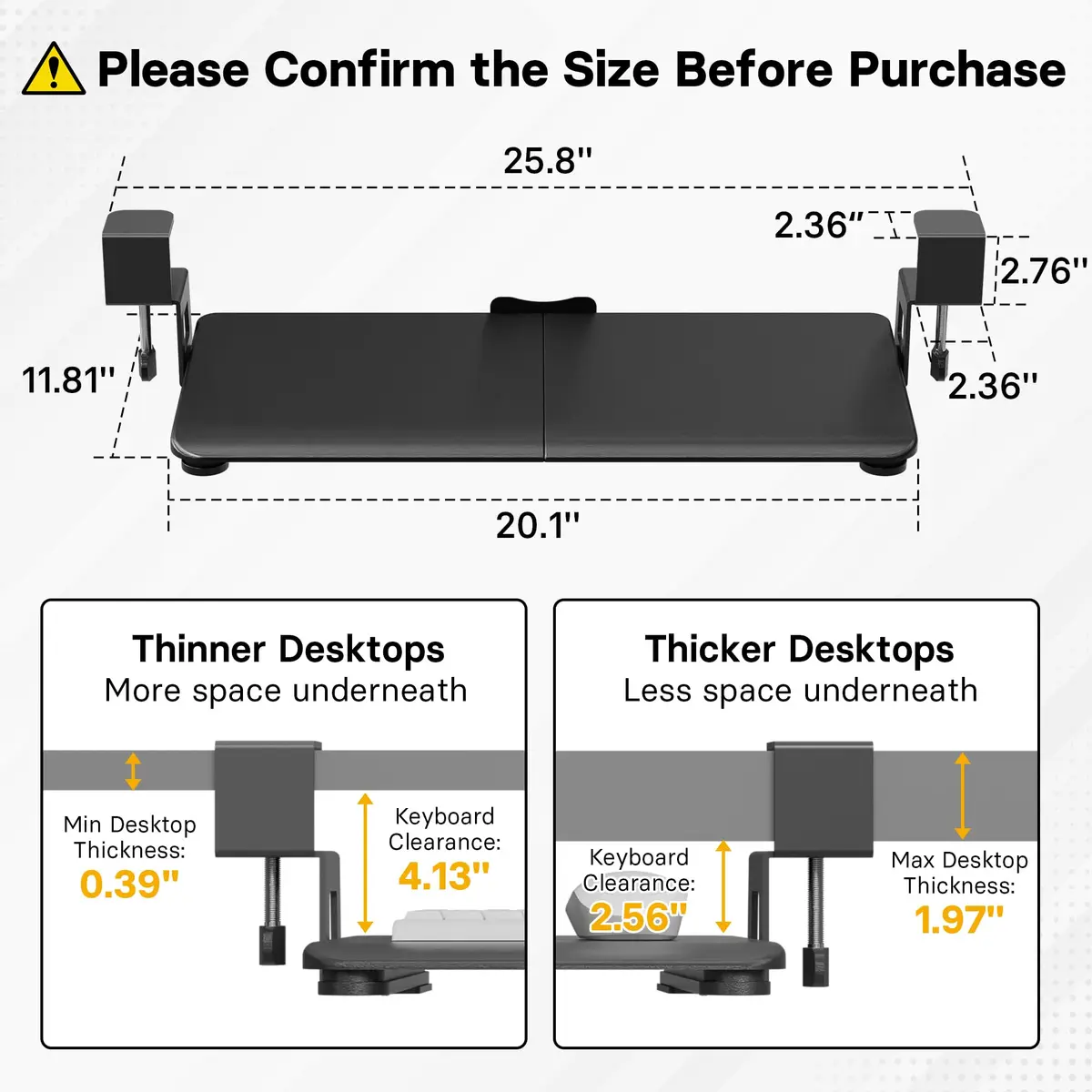 BONTEC Under Desk Keyboard Tray, Pull-Out Keyboard & Mouse Platform 51 cm (20 in) | Ergonomic C-Clamp Mount - view 2